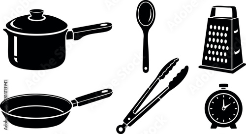 Kitchen cooking utensils pan pot spoon tongs grater timer vector illustration set