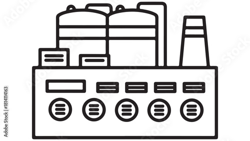 Minimalist Factory Building Line Art with Tanks and Smokestack Icon