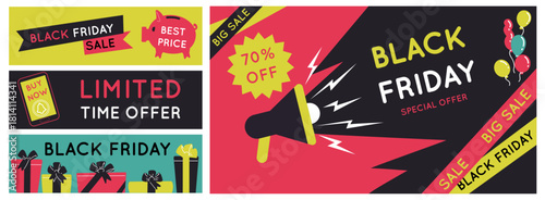 Black Friday promotion. Online sale, horizontal marketing banner set. Discounted price. Business advertisement. Megaphone special offer, smartphone flat style emblems. Vector design promo poster