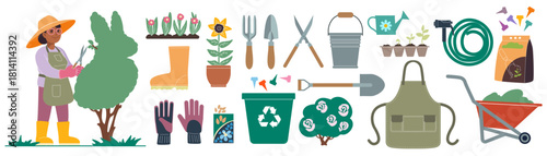 Floral gardening set. Agriculture, landscape with trees, fruits, and plants. Garden tools and food for summer. Character woman farmer trims bush with pruning shears. Vector cartoon isolated elements