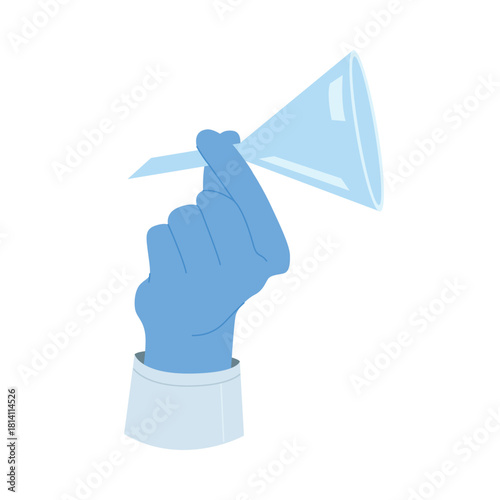 An artistic and stylized graphic representation of a blue hand securely holding a laboratory funnel firmly