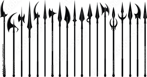 Medieval polearm weapons vector silhouettes collection, featuring halberds, spears, battle axes, and various pole weapons, ancient armor and warfare elements, isolated on white.