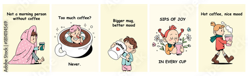 Coffee cup poster. Cute character with morning drink. Icon beverage branding. Funny text. Abstract people walk with beverage takeaway glasses. Sticker for day beginning. Vector marketing cards set