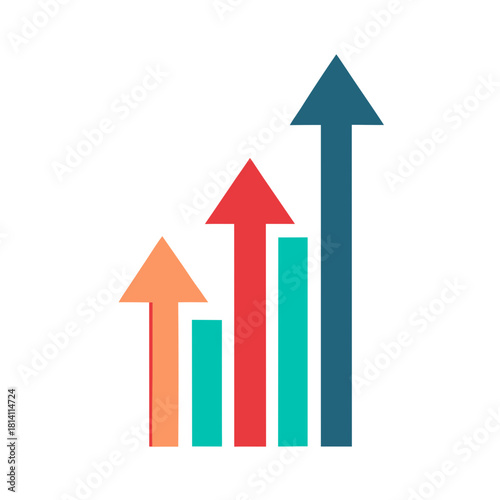 Colorful upward trending bar graph with arrows isolated on white background