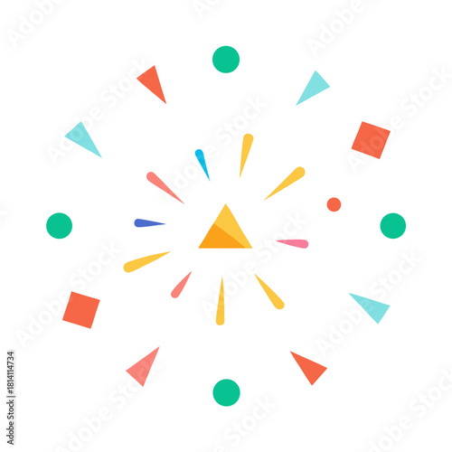 Colorful geometric shapes exploding from a central triangle isolated on white background
