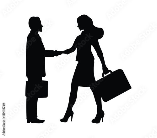 Silhouette of Businessmen and Businesswomen with Briefcases Making a Deal. Professional Collaboration Vector