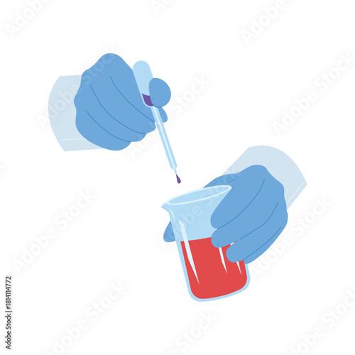With gloved hands, a scientist is conducting an intricate lab experiment using a pipette to handle red liquid