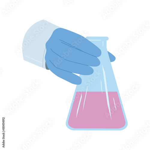A chemist hand holds a flask with pink liquid, symbolizing scientific research and experimentation.