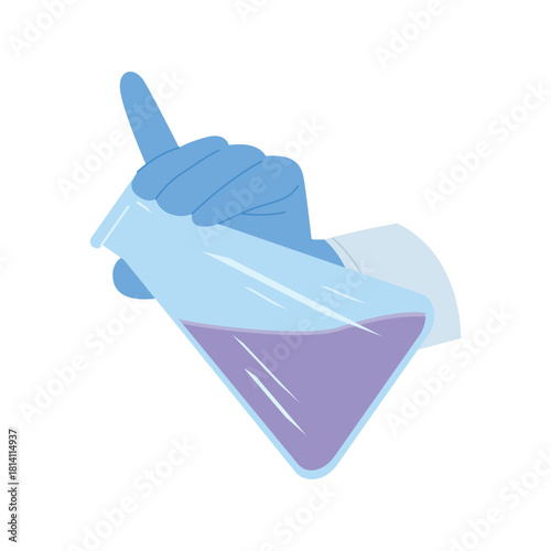 A laboratory flask is held firmly by a gloved hand, and it contains a vibrant and intriguing purple liquid