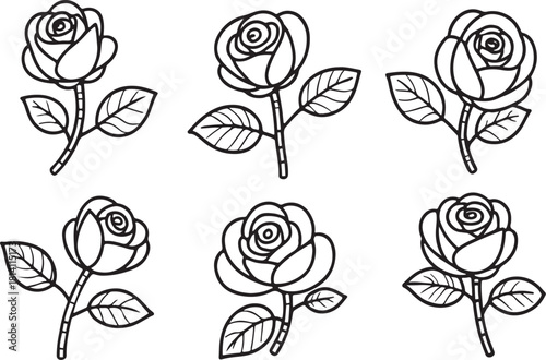 Six rose sketch vectors. Minimal six floral line art collection