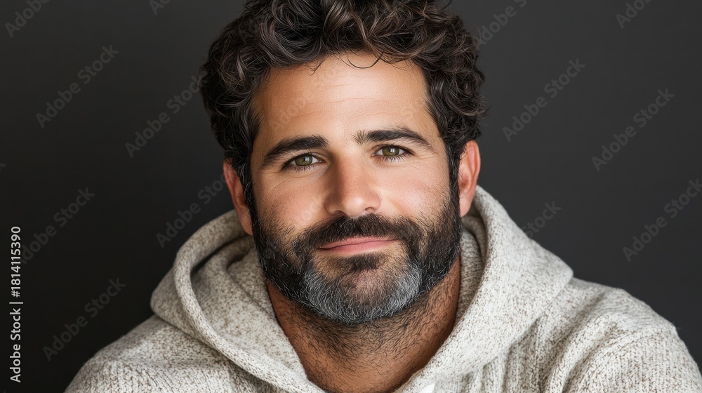 Fototapeta premium A bearded man with curly hair wears a light-colored hoodie and looks directly at the viewer. The background is a simple, dark color