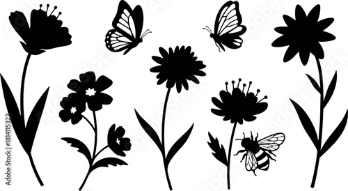 Silhouette of various wildflowers with butterflies and bee flying over simple floral stems vector illustration