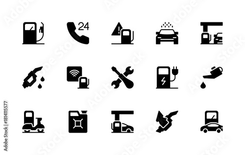Petrol station related vector silhouette icons set. Isolated icon collection such as petrol pump, 24, car wash, maintenance and more.