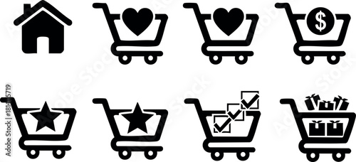 Shopping cart icons with heart star checkmark gift and dollar symbol vector set for ecommerce design