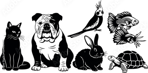 Black and white silhouette pets collection cat dog rabbit bird fish turtle vector illustration
