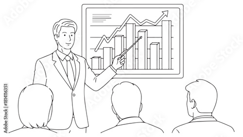 Outline Vector Illustration of Business Presentation with Growth Chart