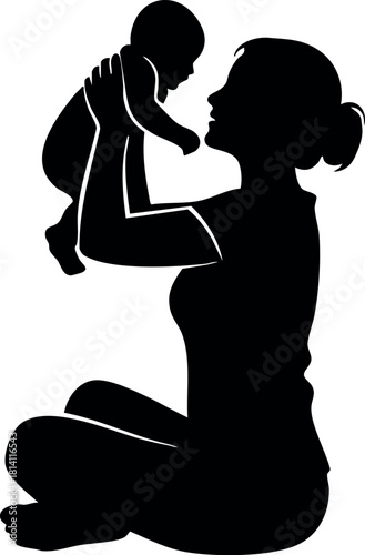 Silhouette of mother holding baby playing bonding happy family love care joy