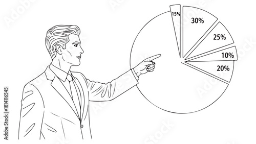 Line Art Businessman Explaining Data on Exploded Pie Chart Diagram