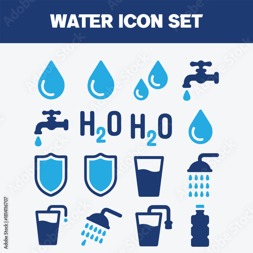 Clean Water Icon Set. Simple Vector Icons for Hydration, Taps, Water Safety, and Purity.