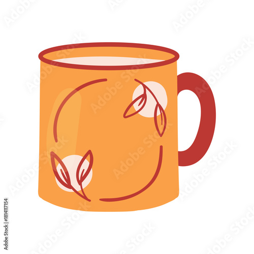 A vibrant orange coffee mug with intricate leaf patterns, perfect for cozy drinks any time of the day