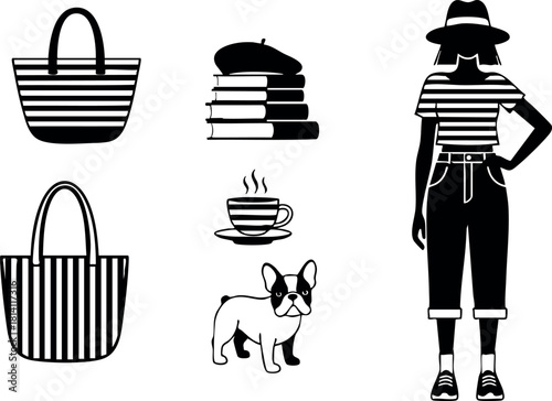 Fashionable woman wearing striped shirt and hat with striped bags and books with coffee and dog illustration vector