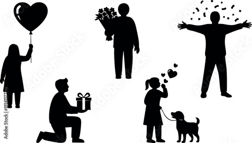 Silhouette people holding heart balloon flowers gift and dog vector illustration
