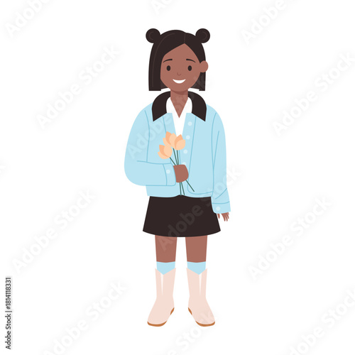 A cheerful girl dressed in a trendy outfit, holding a colorful toy, fully prepared for exciting fun adventures