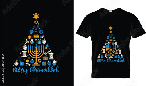 Merry Chrismukkah Hanukkah T-Shirt – Menorah Christmas Tree Funny Jewish Holiday Mashup Tee