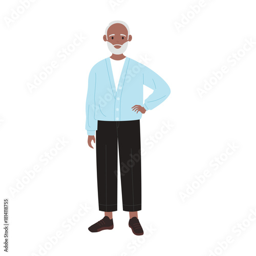 An elegantly fashionable elderly man proudly showcasing a smartcasual look featuring a light blue cardigan