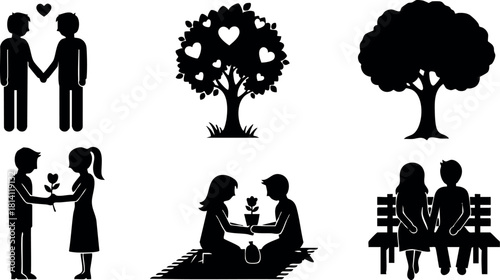 Romantic couple love relationship holding hands tree with hearts picnic park bench dating vector illustration