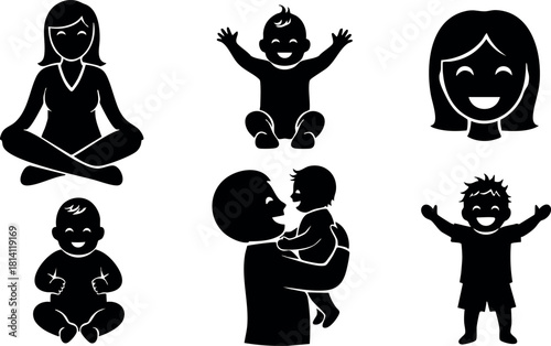 Family silhouette icons mother father baby children happy joyful simple vector illustration