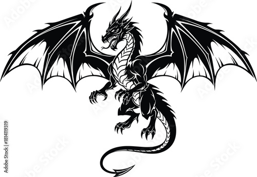 Black and white dragon silhouette vector with roaring pose, sharp claws, and symmetrical wings for fantasy, tattoo, mythology, and design themes