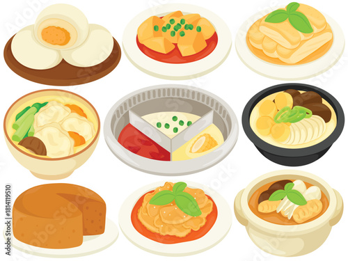 Vector Chinese Food Clip Art Set Cuisine Mantou Steamed Bun Mapo Tofu Rice Noodle Roll Wonton Soup Hot Pot Sponge Cake Stir Fry Shrimp Herbal Soup Illustration Restaurant Menu Asian Meal