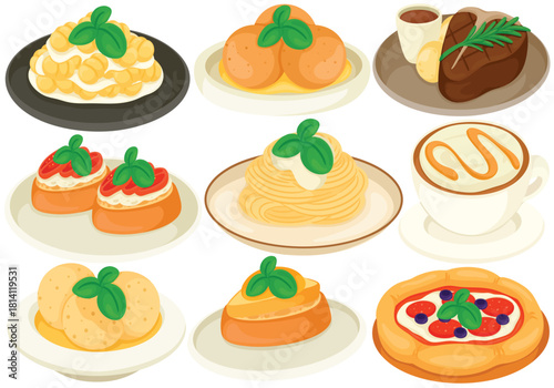Vector Italian Food Clip Art Set Cuisine Pizza Pasta Spaghetti Gnocchi Arancini Bruschetta Steak Coffee Cappuccino Illustration Restaurant Menu European Meal Dish Plate Dinner