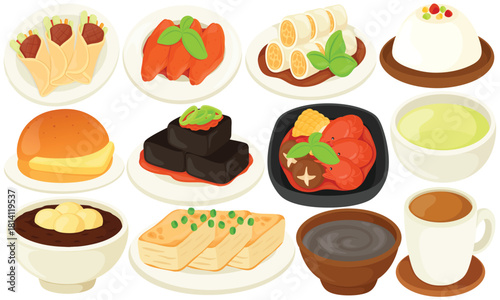 Vector Chinese Food Clip Art Set Cuisine Peking Duck Spring Roll Char Siu Stinky Tofu Fried Tofu Red Bean Soup Tea Crayfish Illustration Restaurant Menu Asian Meal Dish Plate