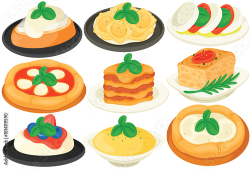 Vector Italian Food Clip Art Set Cuisine Pizza Lasagna Ravioli Caprese Salad Bruschetta Focaccia Panna Cotta Risotto Illustration Restaurant Menu European Meal Dish Plate Lunch