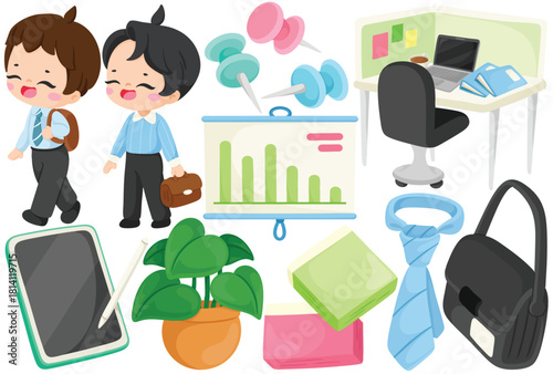 Vector Office Clip Art Set Business Man Character Employee Desk Cubicle Laptop Chart Graph Push Pin Tablet Stylus Tie Briefcase Potted Plant Sticky Note Illustration Workplace Corporate