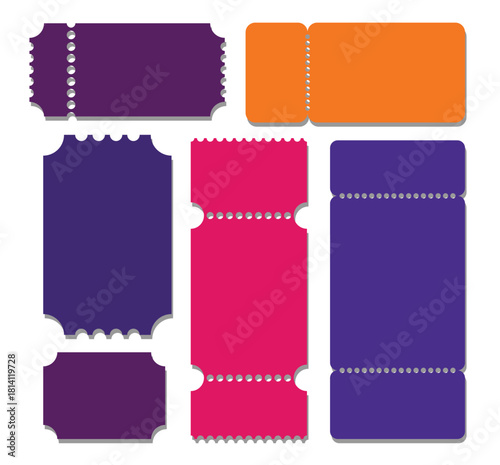 Collection of colorful blank tickets, event passes, or raffle stubs in various shapes and designs with perforation lines and ample copy space, a vector illustration.