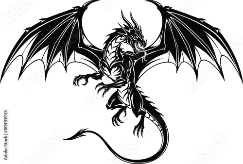 Black and white dragon silhouette vector with fierce wings, roaring pose, and mythical symmetry for fantasy, tattoo, and folklore themes
