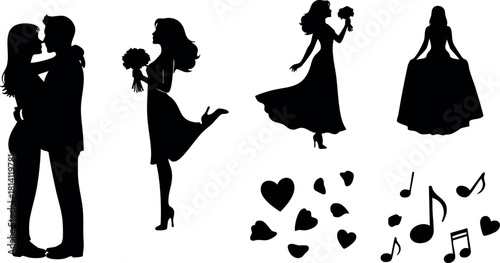 Romantic couple woman holding flowers hearts music notes silhouette vector illustration