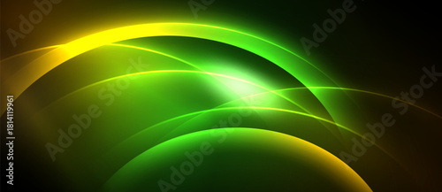 Abstract design features vibrant green, yellow curves. Bright light emanates from center, creating dynamic visual effect. Dark background enhances luminosity.