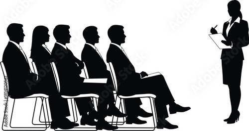 Business presentation silhouette vector with speaker and seated audience, ideal for training, seminar, teamwork, communication, and corporate themes