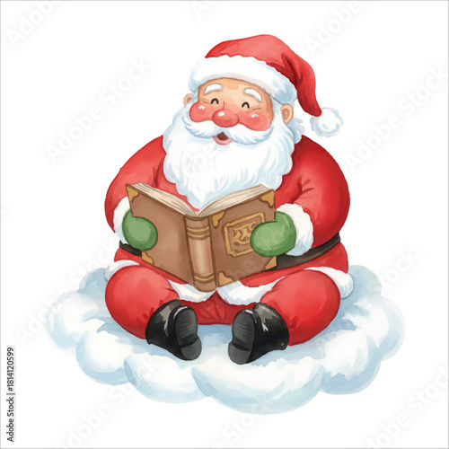Santa Claus reading a magical book filled with Christmas stories, watercolor illustration isolated on white background
