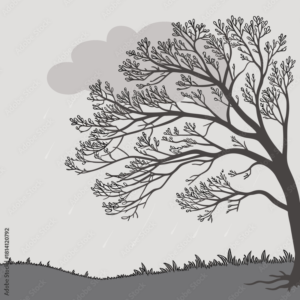 Fototapeta premium Black and white illustration of a lone tree bending in a strong wind and rain