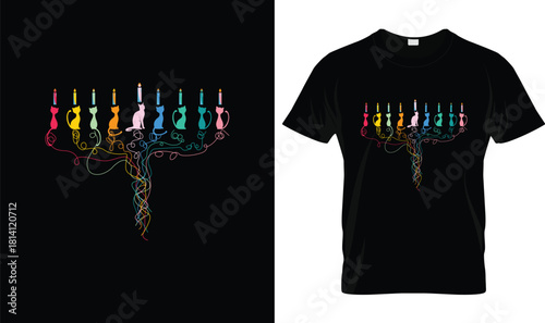 Colorful Cat Menorah Hanukkah T-Shirt – Cute Jewish Holiday Cat Lover Gift