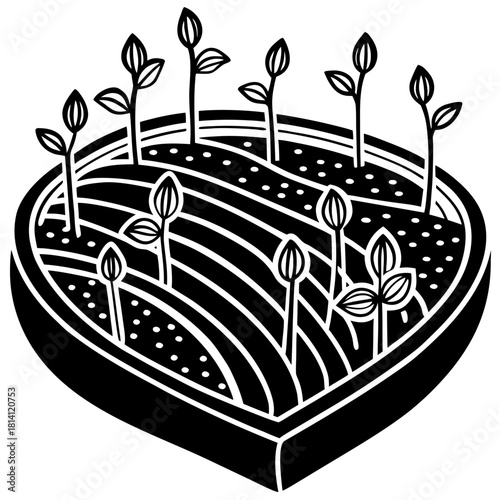 Black and white illustration of seedlings growing in a heartshaped garden plot