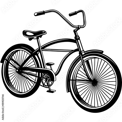 Black and white illustration of a classic cruiser bicycle isolated on