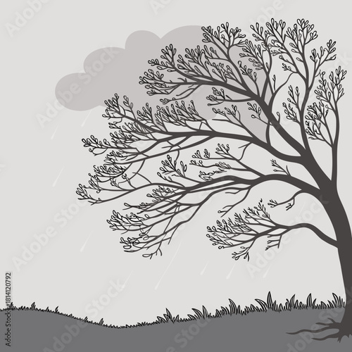 Black and white illustration of a lone tree bending in a strong wind and rain