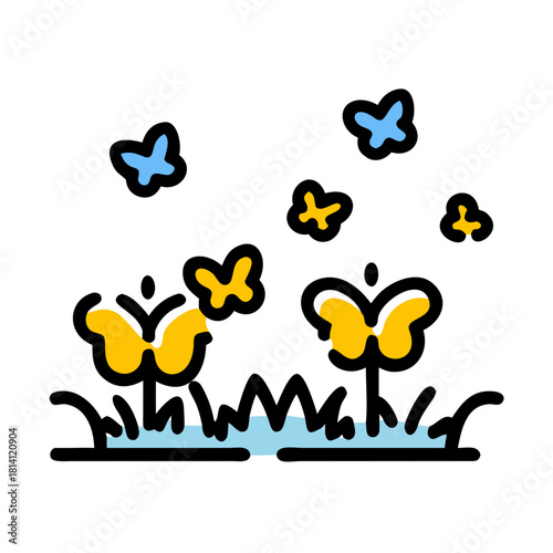 Colorful cartoon butterflies flying over stylized grass patch isolated on