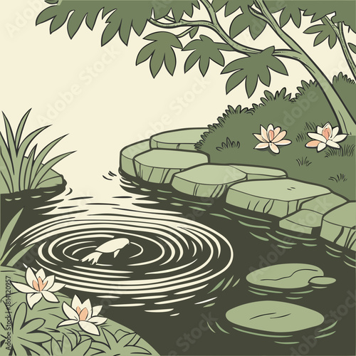 Illustration of a koi fish creating ripples in a tranquil garden pond